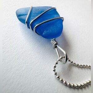 Elegant Silver and Blue Sea Glass Pendant Necklace